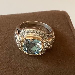 Sterling Silver & 14K Gold Blue Topaz & Diamond Ring Size 8